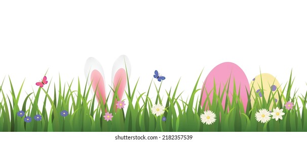 Seamless Easter Grass Border Or Lawn, Realistic Vector Illustration On White Background. Colorful Spring Flowers, Hidden In Grass Easter Eggs And Bunny Ears. Horizontal Banner With Space For Text.