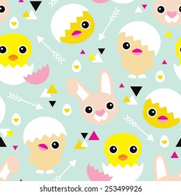 Seamless easter holiday illustration spring chick and bunny geometric arrow pastel background pattern in vector