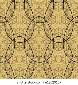 Seamless easter holiday ornament. Vector pattern with lace ornamental eggs. Design for greeting card, fabric print, cover or page for scrapbooking, gift wrap. gold color background
