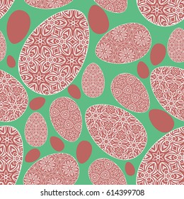Seamless easter holiday ornament. Vector pattern with lace ornamental eggs. Design for greeting card, fabric print, cover or page for scrapbooking, gift wrap. green, red background