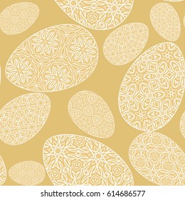 Seamless easter holiday ornament. Vector pattern with lace ornamental eggs. Design for greeting card, fabric print, cover or page for scrapbooking, gift wrap. gold color background