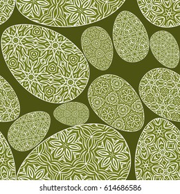 Seamless easter holiday ornament. Vector pattern with lace ornamental eggs. Design for greeting card, fabric print, cover or page for scrapbooking, gift wrap. green color background