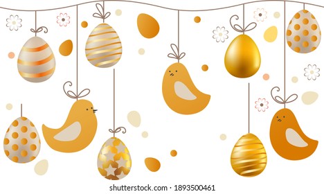 Seamless easter horizontal
 border with green grass and golden eggs