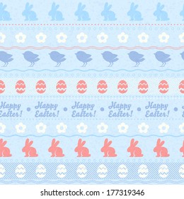 Seamless easter horizontal pattern with rabbits, flowers, eggs and chickens - blue color.