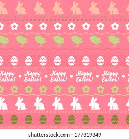 Seamless easter horizontal pattern with rabbits, flowers, eggs and chickens - pink color.