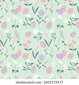 Seamless Easter multicolored pastel botanic pattern of flowers, plants, eggs in flat style. Elegant, aesthetic, stylish hand drawing doodles of vector vintage botanical elements.  