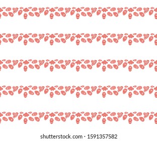 Seamless Easter pattern from abstract krasn flowers and eggs laid out in strips in the Scandinavian style on a white background. Vector.