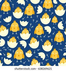 Seamless easter pattern background with chicks in eggs graphic holiday design cartoon chicken bird vector illustration