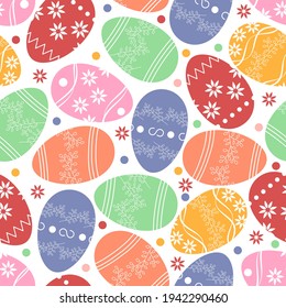 Seamless Easter pattern. Background with colorful Easter eggs. Vector illustration for the design of backgrounds, napkins, wrapping paper, fabrics, stickers, banners, postcards, envelopes. Easter.