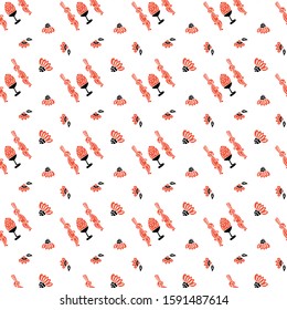 Seamless Easter pattern of black and red rabbits standing on their hind legs and turned to each other, eggs on stands between them and abstract flowers on a white background. Vector.