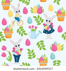 Seamless easter pattern. Easter bunnies, a boy and a girl, among greenery and flower pots with decorative eggs. Happy animals dressed in clothes.