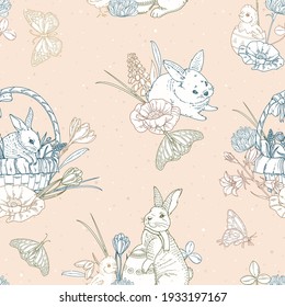 Seamless Easter pattern with bunnies, chickens and flowers