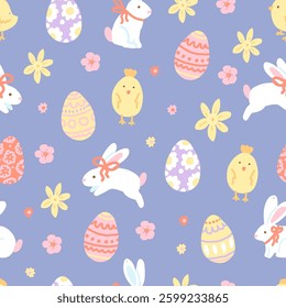 Seamless Easter Pattern with Bunnies, Chicks, and Eggs	