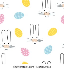 
Seamless easter pattern with bunnies and colorful eggs. Vector illustration of food and animals in doodle style.