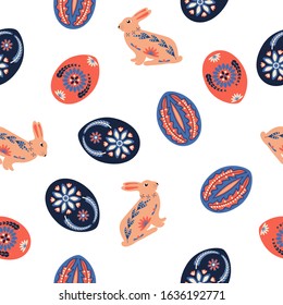 Seamless easter pattern  with Easter bunnies and decorated eggs in a ethnic style. Cartoon Character for Easter Holiday. Vector illustration isolated on white background.