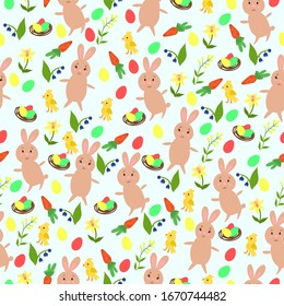 Seamless easter pattern with bunnies, eggs, flowers and chicks. Vector graphics.