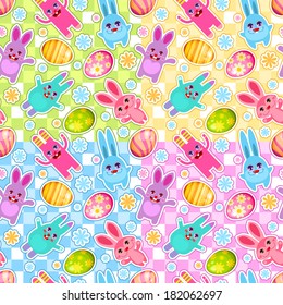 Seamless easter pattern with bunnies, eggs and flowers on gingham in four different colors