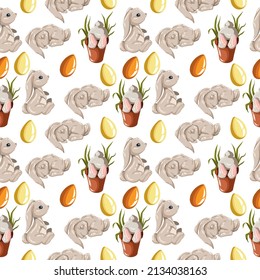 seamless easter pattern with bunnies and eggs. vector illustration isolated on white background