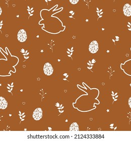 Seamless Easter pattern with bunnies, flowers, Easter eggs, beautiful background. vector design. Printing for Easter cards, banners, textiles, wallpaper.
