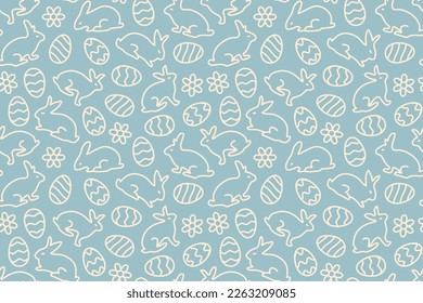 seamless Easter pattern with bunnies, flowers and eggs- vector illustration