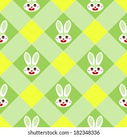 Seamless Easter pattern with bunnies on green gingham