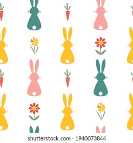 Seamless Easter pattern with bunny, carrot and flowers on white background. Vector illustration. 