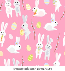 seamless Easter pattern of bunny with carrots, eggs, flowers. Vector cute characters in the style of hand-drawn flat pastel colors. suitable for decoration, packaging paper, textile