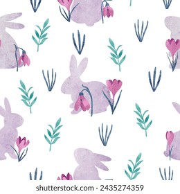 Seamless Easter pattern with bunny and crocus flowers. Vector watercolor illustration