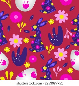 Seamless Easter pattern with bunny, egg and flowers. Cute hand drawn Easter doodle background.