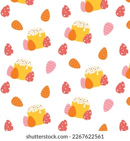 Seamless Easter pattern with Easter cake and eggs. Vector illustration. Flat style. Easter print.