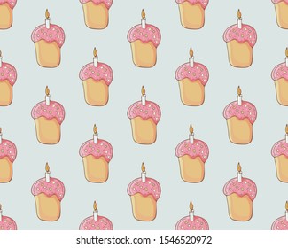 Seamless Easter pattern. Easter cake or Easter sweet bread or Paska. Hand drawn color background in vector. Food icon. Cartoon sweet pastries or cake. Traditional orthodox food. 