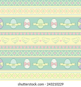 Seamless Easter pattern, card.  Vector background with Easter chicks, decorative eggs, hearts and bows.