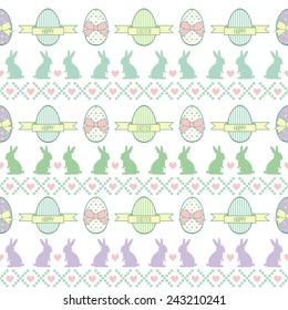 Seamless Easter pattern, card.  Vector background with Easter Bunny, decorative eggs, hearts and bows.