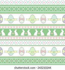 Seamless Easter pattern, card. Vector background with Easter Bunny, decorative eggs, hearts and bows.