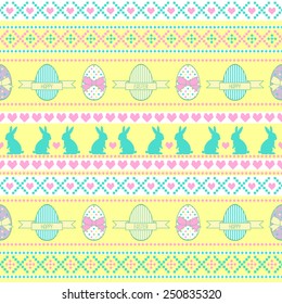 Seamless Easter pattern, card. Vector background with Easter Rabbit, decorative eggs, hearts and bows.