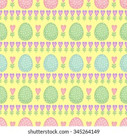 Seamless Easter pattern, card. Vector background with Easter eggs, spring flowers and hearts. Cute Easter Illustration on yellow background.