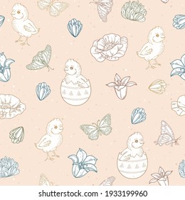 Seamless Easter pattern with chickens and flowers