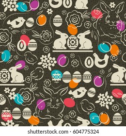 Seamless  Easter pattern with color eggs, rabbit, flowers and chicks, vector illustration. 