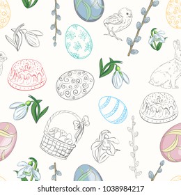 Seamless easter pattern with colored eggs, flowers and other traditional attributes