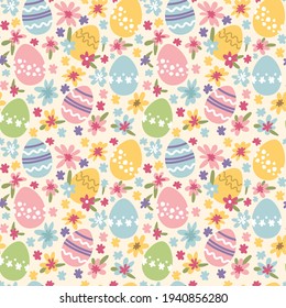 Seamless easter pattern with colored eggs and flowers. Vector illustration for designing greeting cards, packaging and more.
