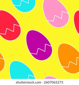Seamless Easter pattern with colored eggs on yellow background. Vector illustration for wrapping paper, packaging, decoration.
