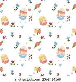 Seamless Easter Pattern with Colorful Decorative Eggs, Spring Flowers, and Hearts on White Background
