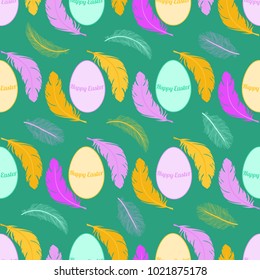 Seamless Easter pattern with colorful easter eggs and colored feathers in yellow, turquoise and violet on green background. Perfect for decorating greetings, invitations, gift wrapping paper.