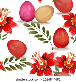 Seamless easter pattern with colorful eggs and flowers.