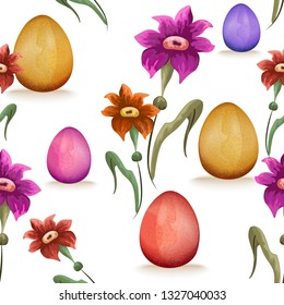 Seamless easter pattern with colorful eggs and flowers.