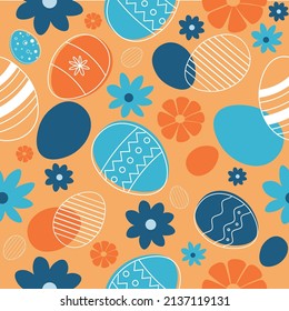 Seamless easter pattern with colorful eggs and flowers on yellow background.VEctor