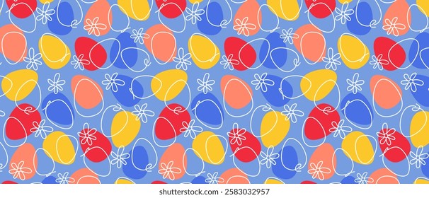 Seamless Easter pattern with colorful Easter eggs and flowers. Vector.