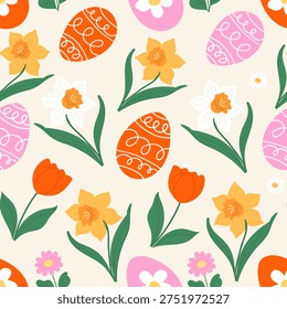 Seamless Easter pattern with colorful painted eggs blooming tulips and daffodils in hand drawn doodle style. Vector floral background for festive wrapping paper textile and seasonal decor