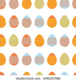 Seamless Easter pattern. Colorful season texture with cute painted eggs isolated on white. Tiling spring family background. Abstract festive ornament. Holiday wrapping paper, modern flat vector design