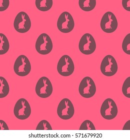 Seamless Easter pattern. Colorful season texture with cute chocolate rabbits and eggs. Tiling spring background. Holiday wrapping paper, vector design